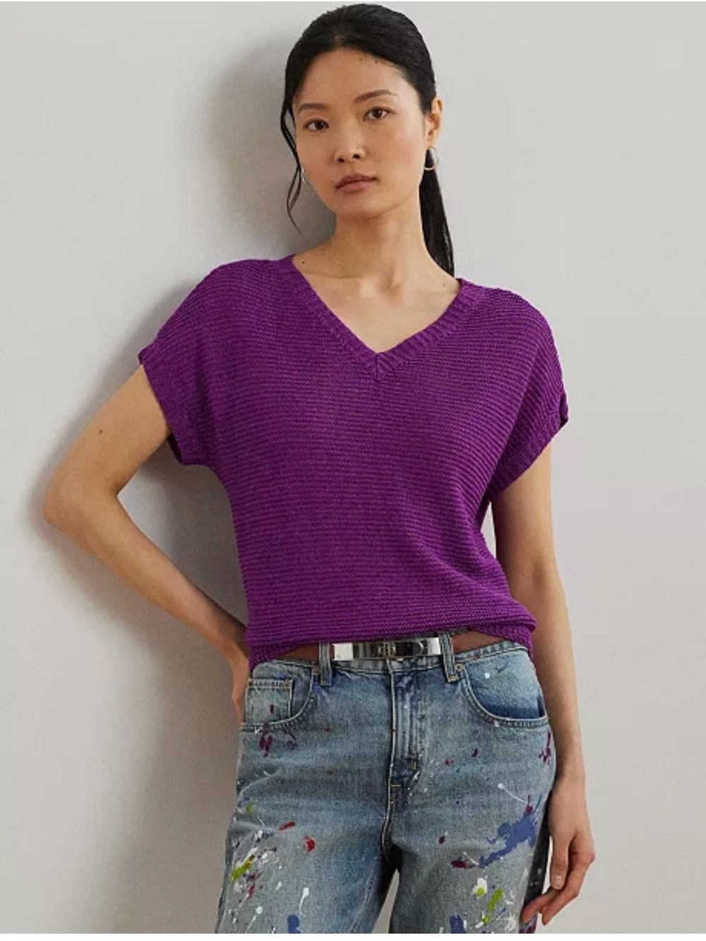 Lauren Ralph Lauren Linen-Blend Purple Short-Sleeve V-Neck Sweater